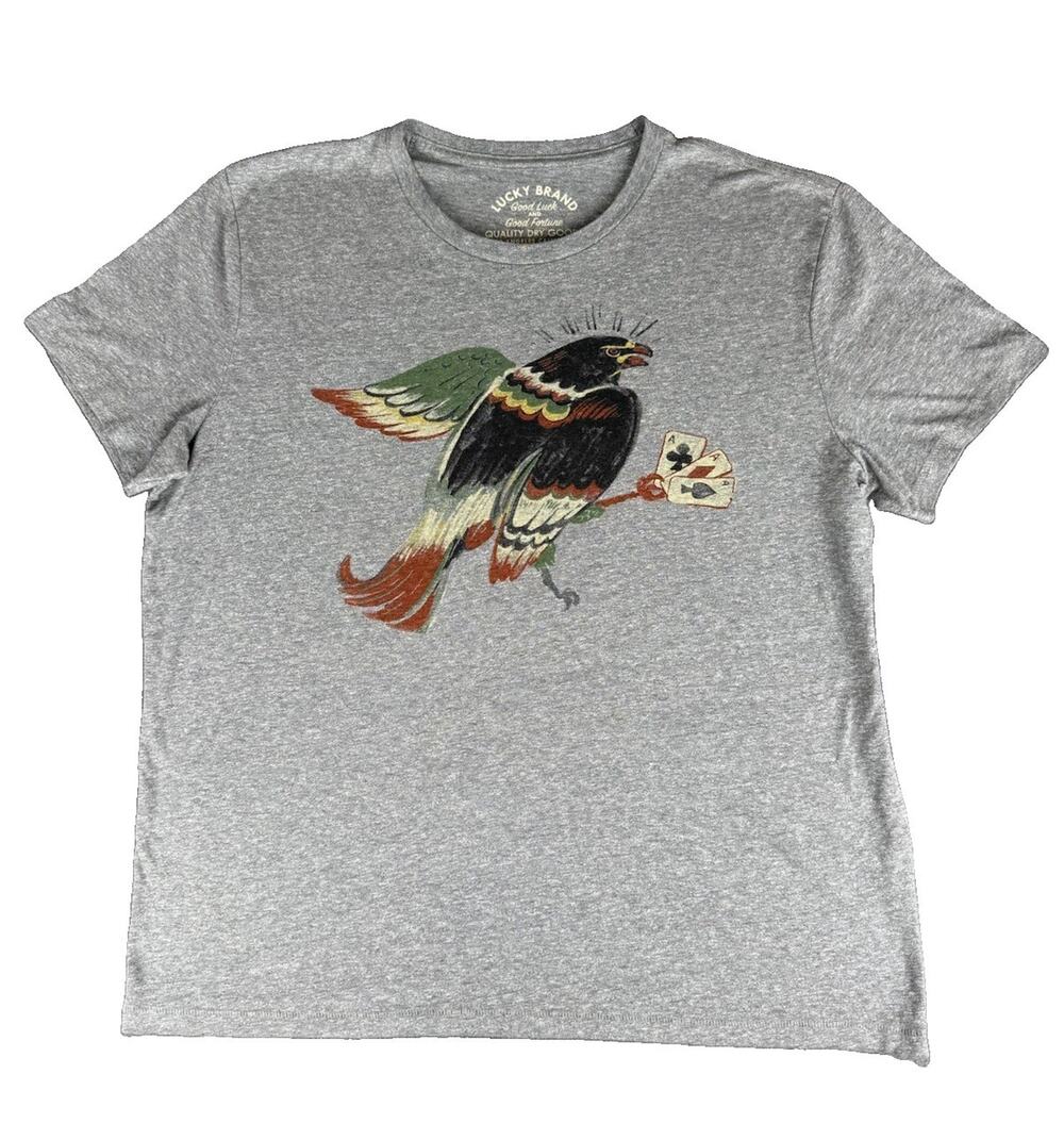 Lucky Brand Men’s L Gray Tattoo Graphic T-Shirt Eagle Dice Cards Casino Tee
